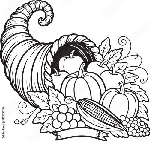 Thanksgiving Cornucopia: Black and White Line Art Illustration of Autumn Harvest, Featuring Pumpkins, Apples, Grapes, and Corn.