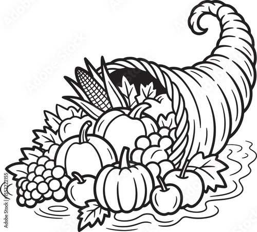 Thanksgiving Cornucopia: Black and White Line Art Illustration of Autumn Harvest, Featuring Pumpkins, Apples, Grapes, and Corn.