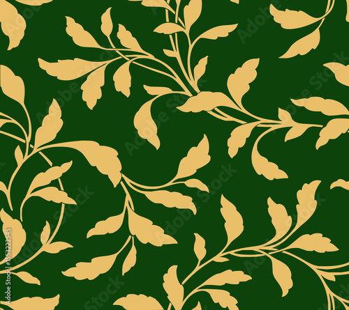 Minimilist illustration of a seamless pattern with golden leaves and vines on a dark green background design element vector