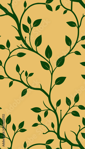 Minimilist illustration of a seamless pattern featuring dark green vines and leaves on a light yellow background vector