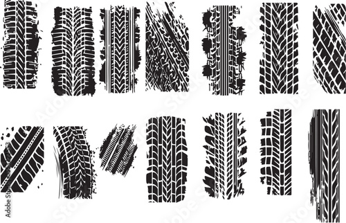 Tire Track Vector Set — Grunge Tread Patterns, Muddy Skid Marks, and Rough Imprints for Cars, Motorcycles, Rally, and Off-Road Sport Design