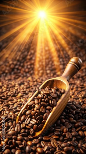 Wooden scoop filled with roasted coffee beans under a bright sunburst