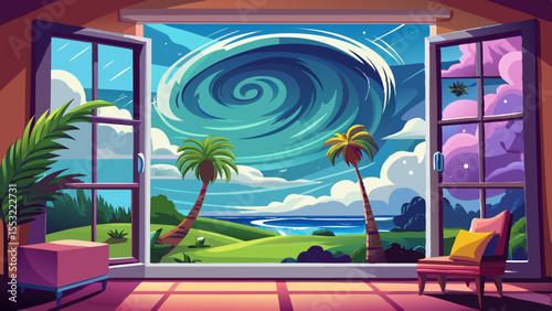 Hurricane strikes in Miami seen from a wide white aluminum impact window inside a house, cozy inside 