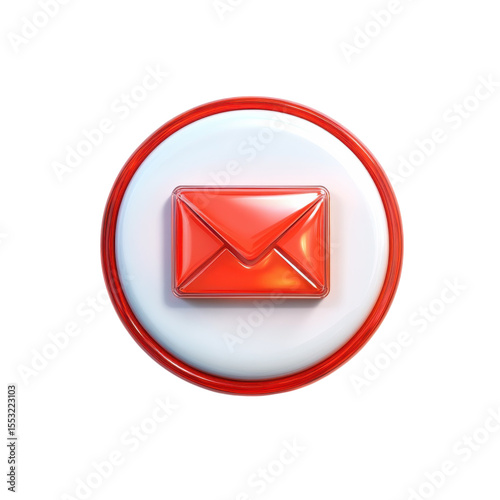 Glossy Red Email Icon on White Circle New Message Alert Send Receive Mail on transparent background