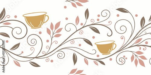 Elegant ornate border with golden cup silhouettes and floral design, horizontal seamless vector pattern  