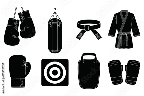 Martial Arts Equipment Icons Boxing Gloves, Punching Bag, Karate Gi, and More