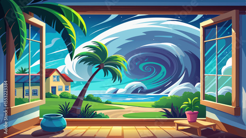 Hurricane strikes in Miami seen from a wide white aluminum impact window inside a house, cozy inside 