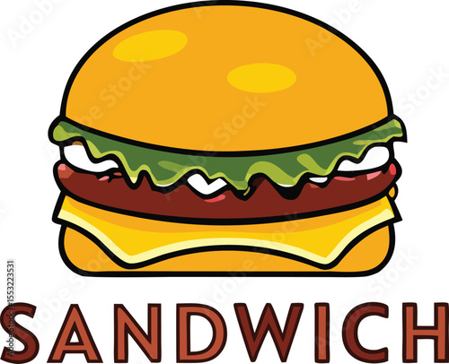 Cartoon sandwich illustration with cheese meat lettuce and the word sandwich