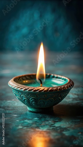 Single lit diya oil lamp with a vibrant flame in an ornate teal bowl