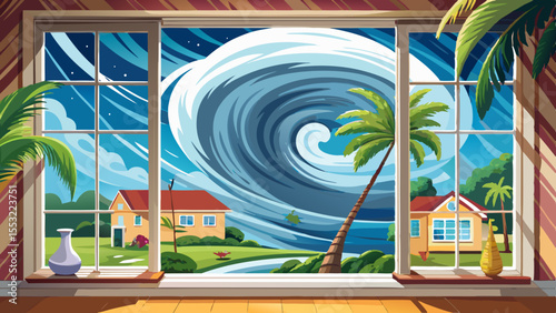 Hurricane strikes in Miami seen from a wide white aluminum impact window inside a house, cozy inside 