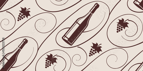 Seamless horizontal vector pattern featuring wine bottles and grapes on cream background  