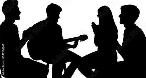 Silhouette of Man Playing Guitar with Friends