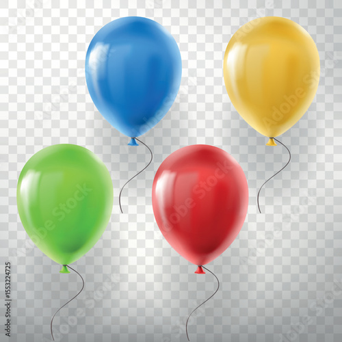 Set of realistic flying helium balloons, multicolored, red, yellow, green and blue