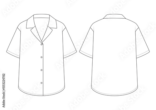 Vector fashion technical drawing of a notched collar button down shirt with front and back view. Short sleeved. Woven fabric.