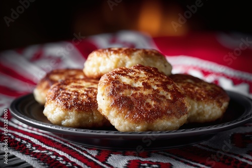 Fried patties on traditional cloth, Close-up of homemade dish, Concept for ethnic or comfort food