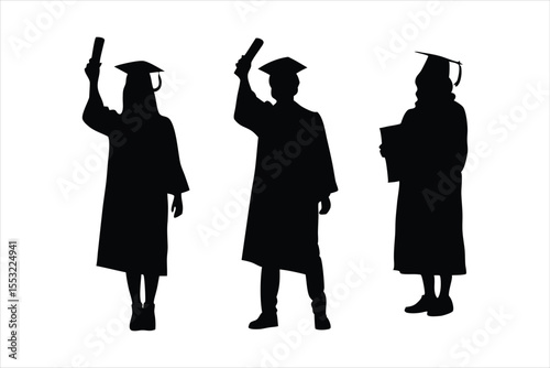 Silhouettes Of Students with Graduate Caps - Students with Diplomas And Gowns  - Diverse Graduation Silhouettes