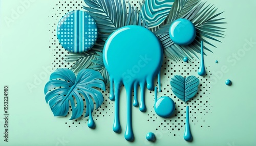 Palm leaves, blue tropical leaves dripping and flowing down the leaves on a pastel green background. Trendy composition, creative art.