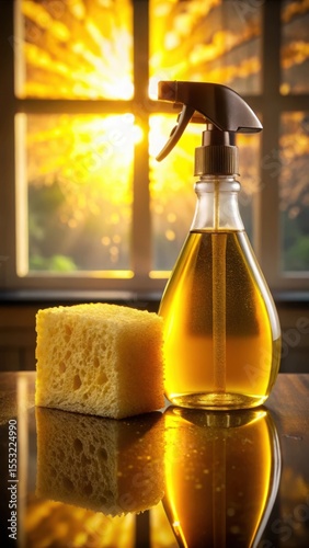 Spray bottle and sponge reflecting warm golden sunlight through window panes