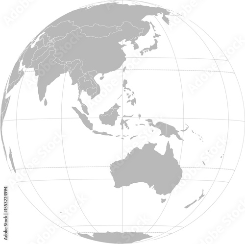 World vector map with country boundaries and graticules (Indonesia-centered view, orthographic projection, PPT-compatible & fully editable)