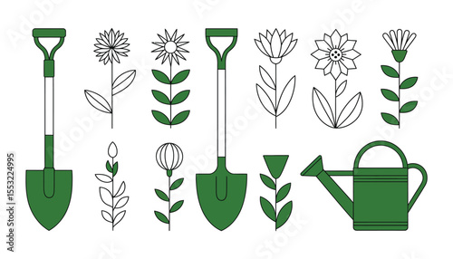 Vector art illustration of a gardening tools set with natural floral and green leaf elements for eco-friendly garden design