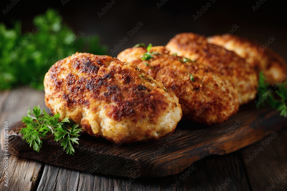 Juicy cutlets on dark board, Close-up rustic meal, Concept for hearty comfort food or dinner Juicy cutlets on dark board, Close-up rustic meal, Concept for hearty comfort food or dinner