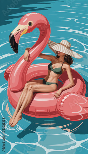 A girl in a hat swims on a pink inflatable flamingo and sunbathes. Vector graphics. EPS.