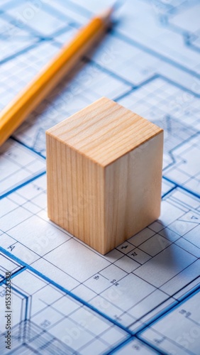 Wooden block and pencil resting on architectural blueprints for design and planning