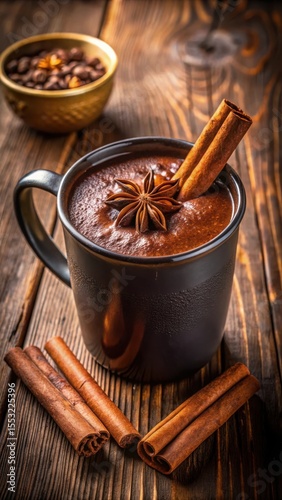 Warm mug of spiced hot chocolate with cinnamon sticks and star anise