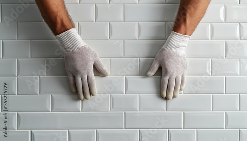 Mysterious Senior Tile Installer Or Worker Seen At Work In A Home, Close-Up Of Hands Showing Skill And Precision.
