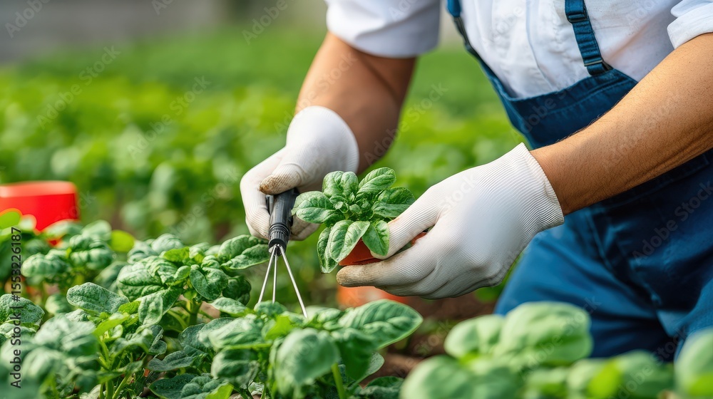 Fototapeta premium Close-up of Gardener Inspecting Young Plants in Greenhouse
