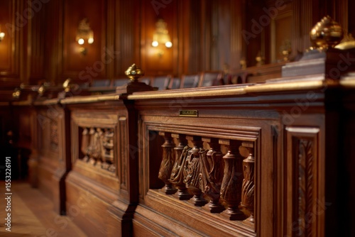 Wooden Defendant Dock in Historic Courtroom Interior