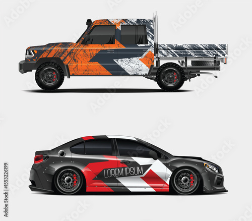Stylized Off Road Truck and Tuned Sedan with Bold Graphics and Colors