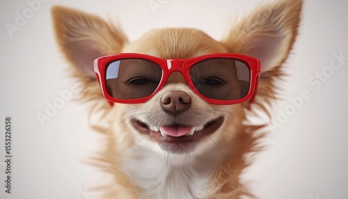 Chihuahua Dog Enjoys Fun Day At Ocean Shore Beach In Red Sunglasses, Smiling For The Camera In Playful Pose.