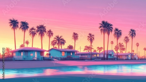Peaceful waterfront scene with single-story houses and tall palm trees under a vibrant pink and orange sunset sky reflected in calm water