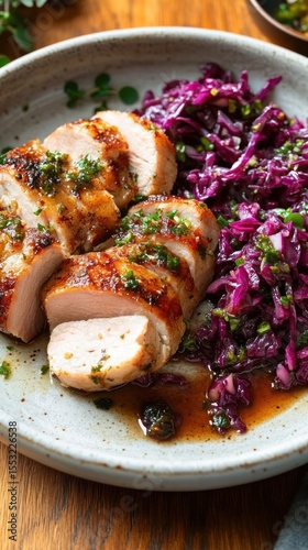 Sliced grilled chicken breast garnished with herbs served alongside sautéed purple cabbage on a ceramic plate on a wooden table