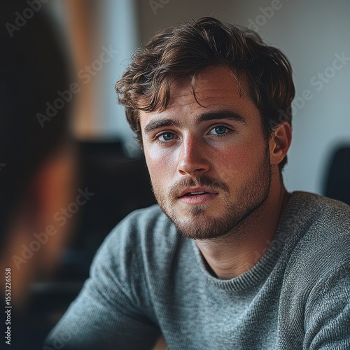 Young man with curly brown hair and beard wearing gray sweater looking thoughtfully at someone in a warm indoor setting