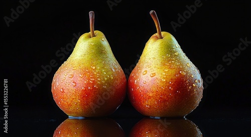Two fresh yellow and red pears with water droplets standing side by side on a reflective black surface