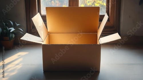 Opened empty cardboard box placed on a wooden surface near a window with soft sunlight casting shadows, indoor plant nearby, warm and calm atmosphere