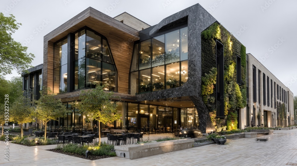 Fototapeta premium Architectural Marvel: A stunning, contemporary building showcasing modern design elements, sleek lines, and a harmonious blend of natural and industrial materials.