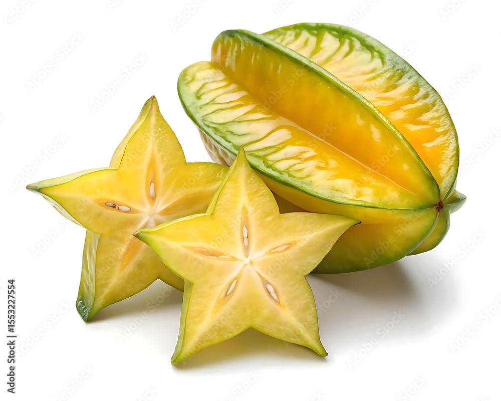 Fototapeta premium Fresh ripe star fruit sliced and whole on a white background