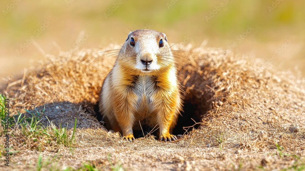 Prairie Dog Emerging From Burrow In Natural Habitat. Wildlife Observation And Animal Behavior Study Prairie Dog Emerging From Burrow In Natural Habitat. Wildlife Observation And Animal Behavior Study