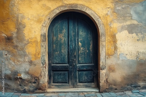 old weathered wooden arched door set in a textured yellow and beige plaster wall with peeling paint and stone trim on cobblestone ground