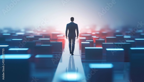 Businessman Ventures Into The Future: Embracing Web 3.0, Metaverse, And Blockchain In The Next Evolution Of The Internet. Futuristic Outlook.