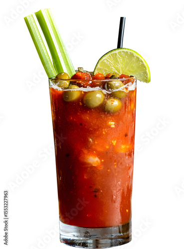 Delicious bloody mary cocktail with celery lime and olives isolated on transparent background