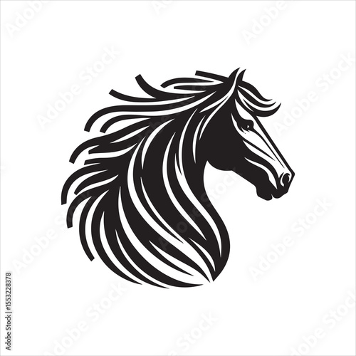 A stylized, black and white illustration of a horse's head with a flowing mane.