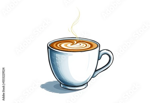 Hand-drawn vector illustration of a coffee latte; stylized cup with steam,  bistro,  simple