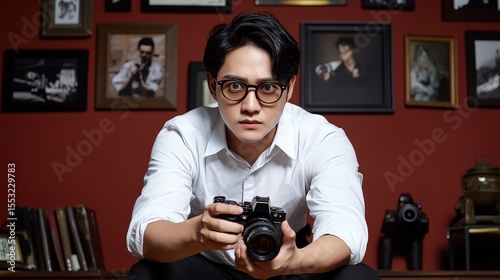 Photographer with Vintage Camera in Studio with Framed Portraits and Red Wall