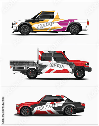 Three Concept Trucks with Custom Wraps and Designs on a White Background