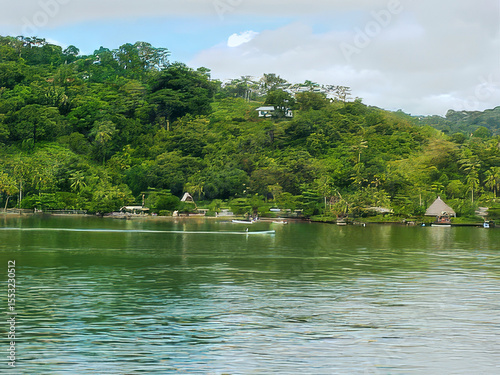 Lush Tropical Hillside with Waterfront Huts and Canoes in Serene Jungle Landscape

