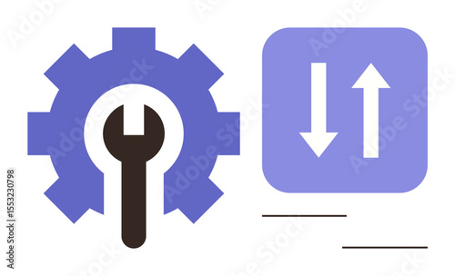 Gear with wrench and vertical arrows indicating adjustments, upgrades, or maintenance. Ideal for technology, mechanics, settings, optimization, tools updates and data flow. Flat simple metaphor